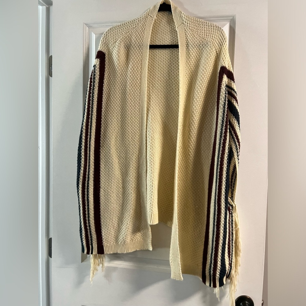 Tan/striped fall sweater shrug/kimono
